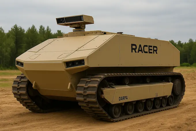 “US Army RACER unmanned ground robot autonomously clearing landmines during field testing using advanced sensors and remote explosives breaching technology”