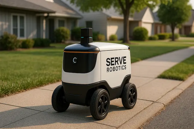 “Serve Robotics autonomous sidewalk delivery robot operating in urban streets as the company seeks up to one hundred million dollars through a stock sale to expand deployment”