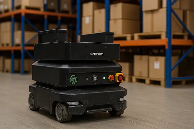 “Autonomous mobile robot developed through Robotize and Nord Modules partnership transporting modular payloads inside a warehouse for flexible material handling automation”