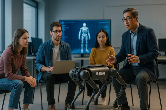 “Unitree robot dog being used in a classroom training program in China where students learn how to program, control, and understand quadruped robotics behavior