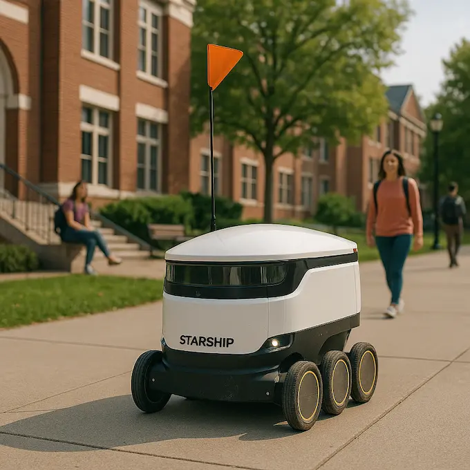 “Starship Technologies autonomous delivery robot navigating a sidewalk after the company secured fifty million dollars in venture capital to expand its last mile logistics network”robotics news October 24 2025