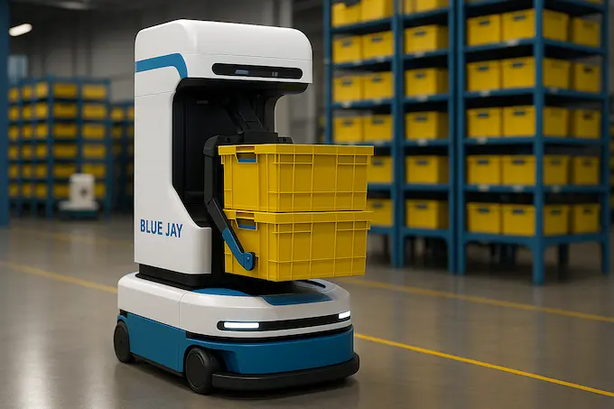 “Amazons Blue Jay autonomous warehouse robot lifting and transporting storage totes while navigating a fulfillment center floor using AI-powered multi-task capabilities”