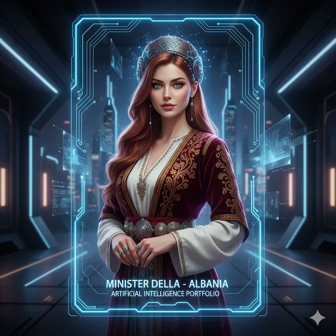 Digital avatar of Albania’s AI minister Della, dressed in traditional attire, displayed on a screen.ROBOTICS NEWS October 03 ,2025