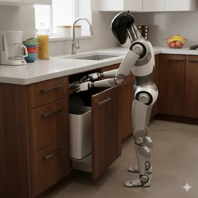  Figure 03, a human-shaped robot with advanced manipulation skills, is shown in a modern kitchen rinsing plates at a sink.