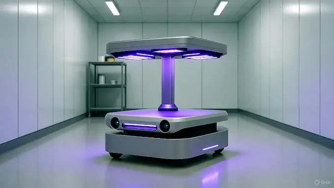 “UV powered autonomous sterilization robot disinfecting a pharmaceutical cleanroom by eliminating microbial contamination using ultraviolet light technology”