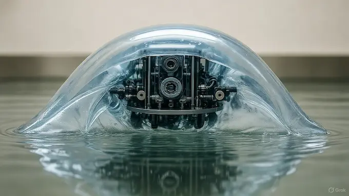 A tiny amphibious soft robot crawling from water onto land while carrying cargo.ROBOTICS NEWS October 03 ,2025