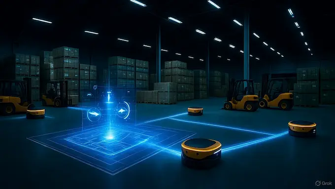 Multiple autonomous robots navigating inside a warehouse filled with stacked crates and forklifts. One robot projects a holographic map with fading trails of “forgotten” paths, symbolizing memory optimization.ROBOTICS NEWS October 03 ,2025