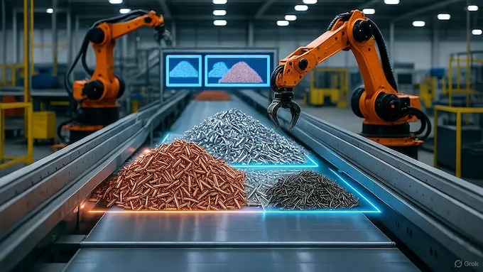 An industrial recycling facility where robotic arms sort scrap metal from a moving conveyor belt. Piles of copper, aluminum, and steel are neatly separated.ROBOTICS NEWS October 03 ,2025