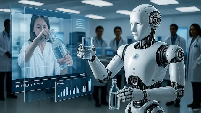 A humanoid robot watching a projected YouTube-style video of a person pouring water, then imitating the motion by holding a glass and bottle.ROBOTICS NEWS October 03 ,2025
