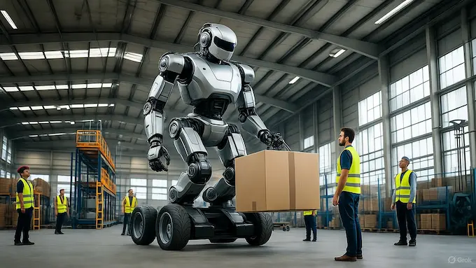 UK’s First Humanoid humanoid robot on wheels standing in an industrial warehouse. Workers in safety vests look up at the machine while it lifts a heavy box.weekly robotics news october 3, 2025