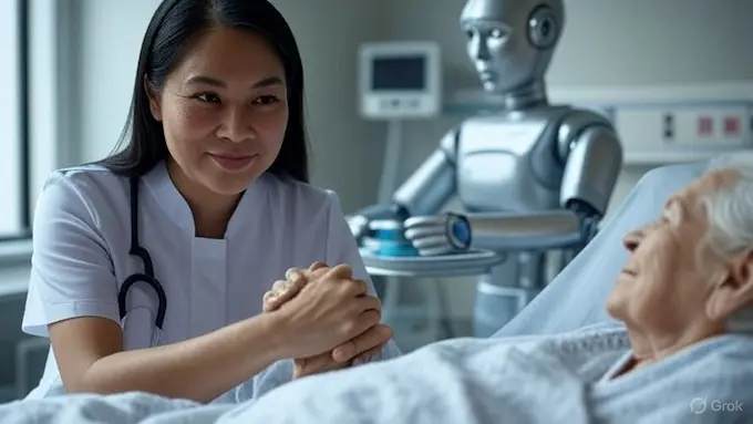 Will robots replace nurses: Human nurse showing empathy beside a supportive hospital robot.