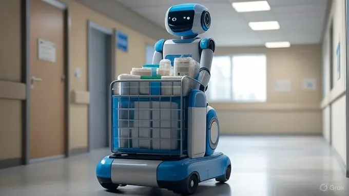 Will robots replace nurses :Hospital service robot assisting nurses with supply delivery.