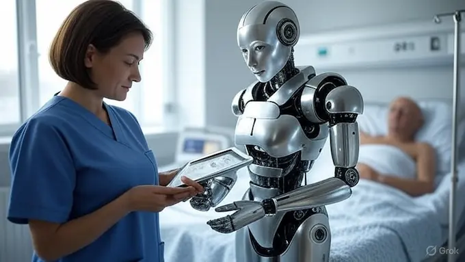 Will robots replace nurses :Human nurse collaborating with a robot nurse for patient monitoring.