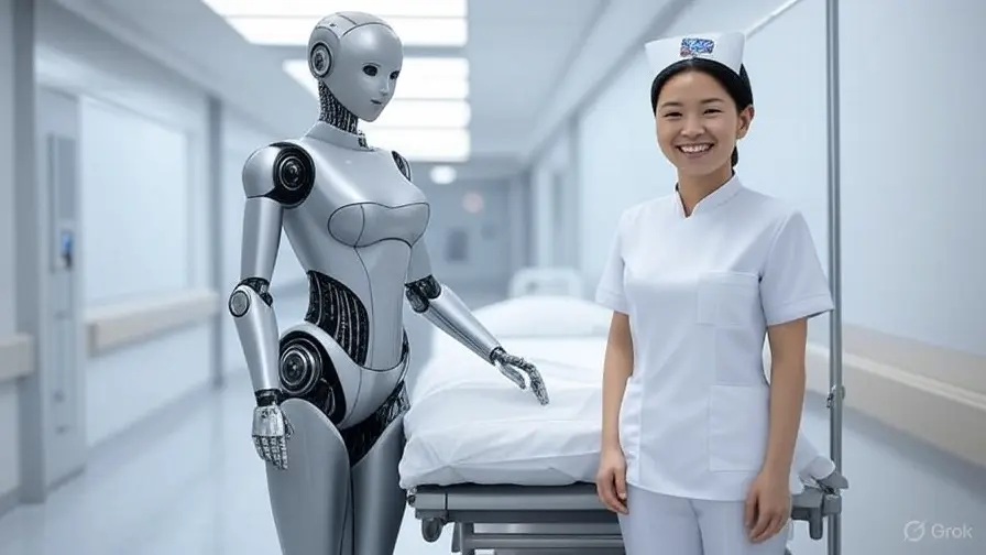 Will robots replace nurses Humanoid robot nurse assisting a human nurse in a modern hospital