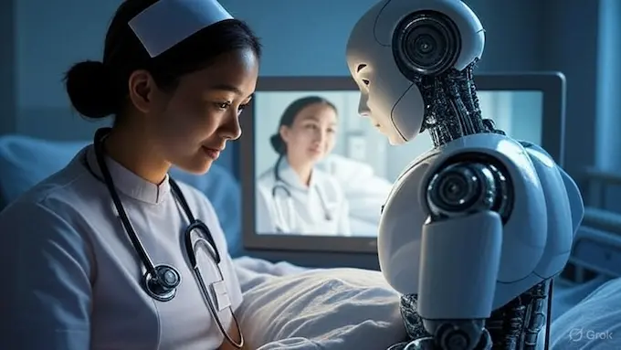 Will Robots Replace Nurses :Human and robot nurses collaborating in patient care.