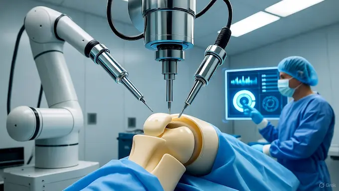 : “AI-assisted robotic arm performing orthopedic surgery in operating room.”ROBOTICS NEWS October 10 ,2025:THE BOLT AND THE BYTE