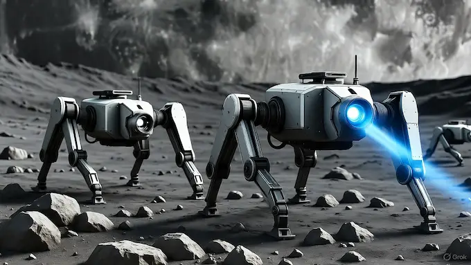 “Four-legged lunar exploration robots climbing simulated Moon terrain.”ROBOTICS NEWS October 10 ,2025:THE BOLT AND THE BYTE