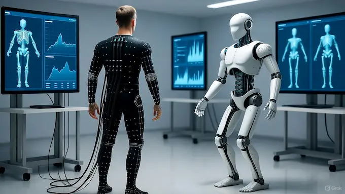 “Researcher in motion-capture exosuit training humanoid robot.”ROBOTICS NEWS October 10 ,2025:THE BOLT AND THE BYTE