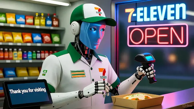 “Humanoid robot clerk serving customer inside 7-Eleven Japan store.”ROBOTICS NEWS October 10 ,2025:THE BOLT AND THE BYTE