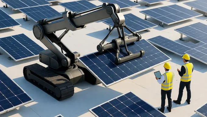 : “AI-powered robot installing solar panels on industrial roof.”ROBOTICS NEWS October 10 ,2025:THE BOLT AND THE BYTE