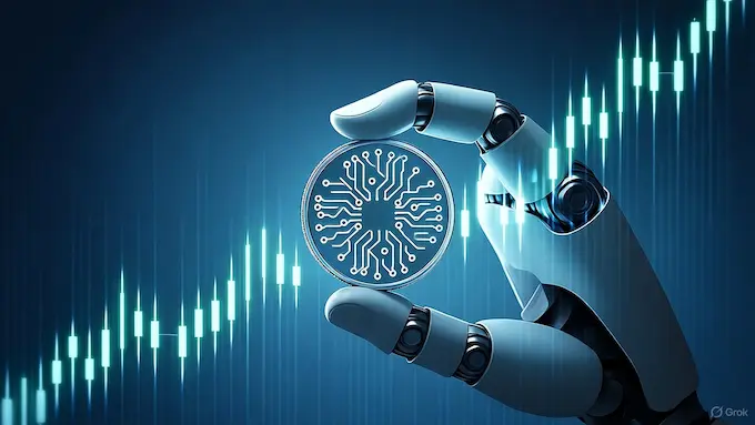 “Humanoid robot hand holding coin in front of stock chart.”ROBOTICS NEWS October 10 ,2025:THE BOLT AND THE BYTE
