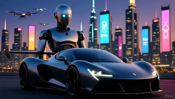 “XPeng humanoid robot and flying car displayed under city lights.”ROBOTICS NEWS October 10 ,2025:THE BOLT AND THE BYTE