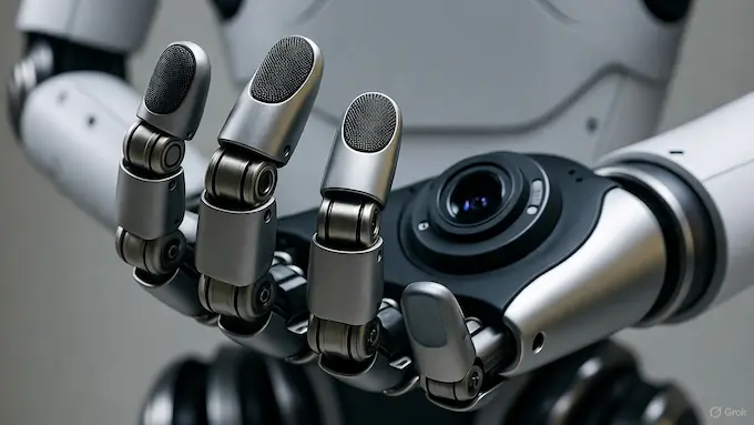 “Close-up view of Figure 03’s tactile hands and perception system featuring fingertip sensors and palm cameras.”