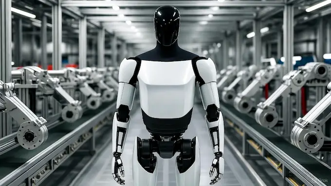 Tesla Optimus Gen 2 humanoid robot standing on a Tesla factory floor with robotic arms and industrial equipment in the background