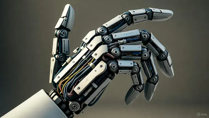 Close-up of Tesla Optimus Gen 2 hand showing actuators, joints, and tactile sensors for advanced manipulation