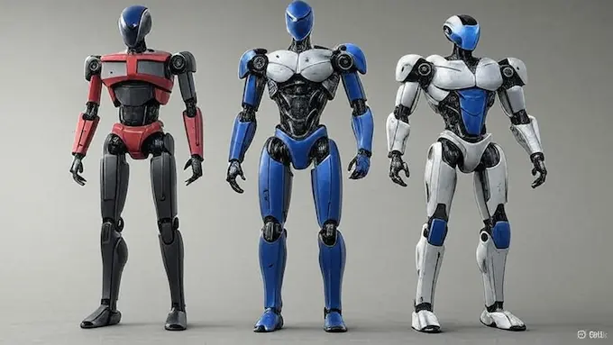 Tesla Optimus Gen 2, Boston Dynamics Atlas, and Agility Robotics Digit humanoid robots side by side for comparison