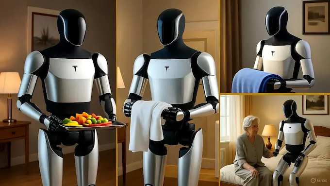 Tesla Optimus Gen 2 humanoid robot assisting a person at home by carrying a tray in a modern living room