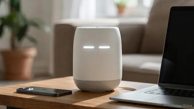 Concept of an Apple-style tabletop home robot hub next to Apple devices, for Weekly Robotics News.