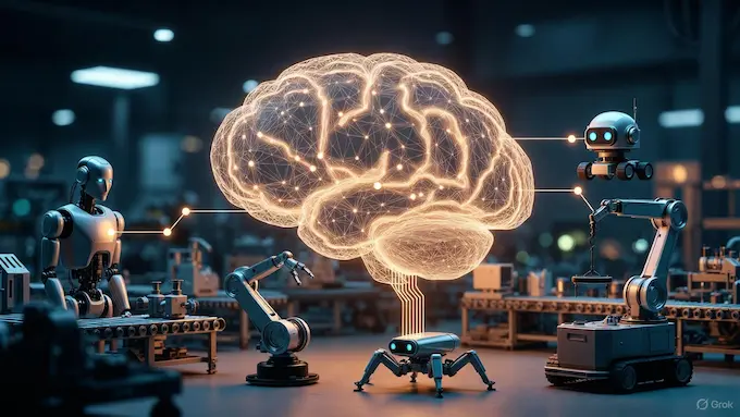 Concept art of a shared AI “universal brain” controlling multiple industrial robots for Weekly Robotics News