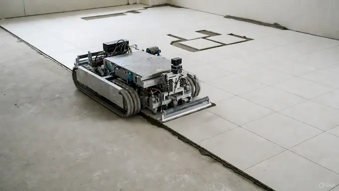 Partner Robotics floor-tiling robot laying tiles autonomously on a building site, as reported in Weekly Robotics News.
