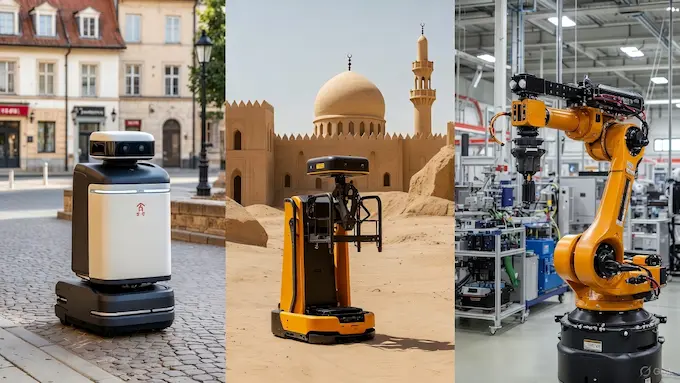 Collage of Chinese-made delivery and factory robots operating in multiple countries, as profiled in Weekly Robotics News.