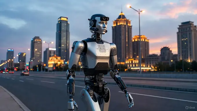 Humanoid robot AgiBot A2 walking through a Chinese city at night for a Guinness record, highlighted in Weekly Robotics News.
