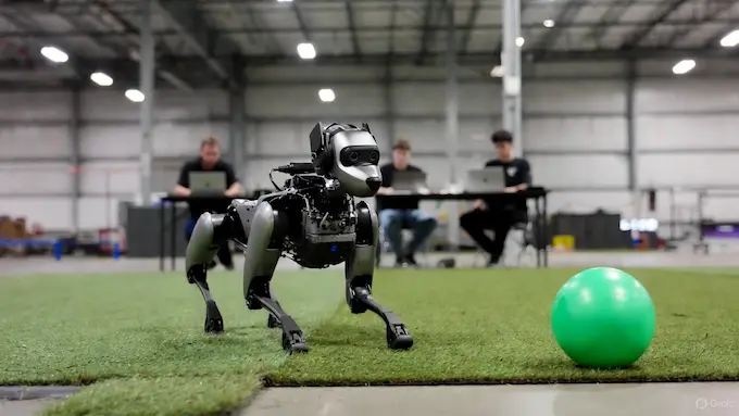 Unitree Go2 robot dog approaching a green beach ball during Anthropic’s Project Fetch experiment with Claude.