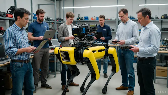 Engineers service a Boston Dynamics Spot robot at a Korean robotics facility, as reported in this Weekly Robotics News digest.