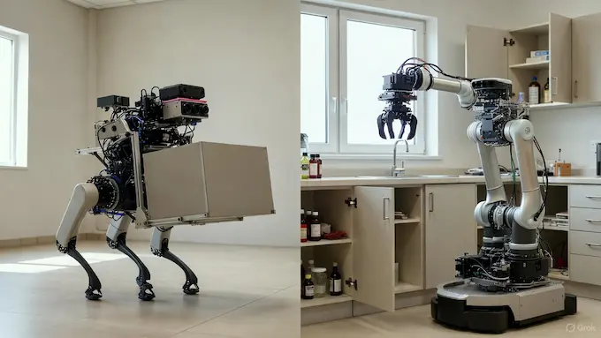 Robot dog with tactile feet and a kitchen helper robot both adapting to changing tasks, reflecting embodied AI themes in this Weekly Robotics News issue.