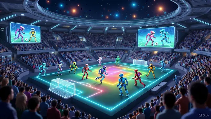 Simulated robot soccer match taking place in a digital arena, one of the featured stories in this Weekly Robotics News roundup