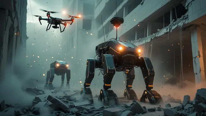 Quadruped rescue robot and drone navigating a smoky corridor