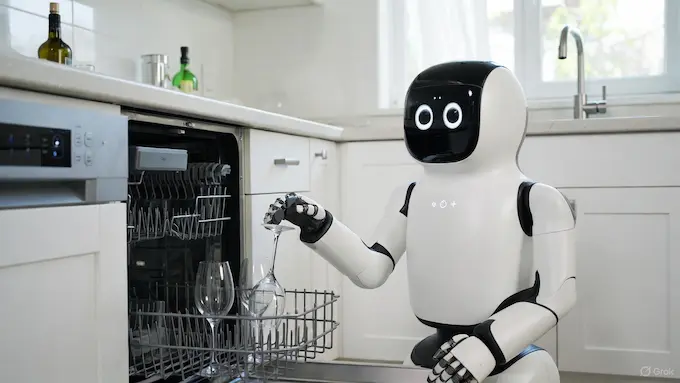 : Memo home robot putting a glass into a dishwasher in a modern kitchen, featured in this week’s Weekly Robotics News.