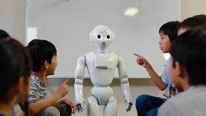 Noetix Bumi small humanoid robot teaching children in a classroom, as covered in Weekly Robotics News