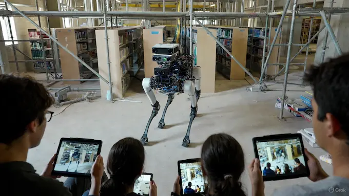 Construction students watch a robotic dog inspect a library site as part of this week’s Weekly Robotics News.