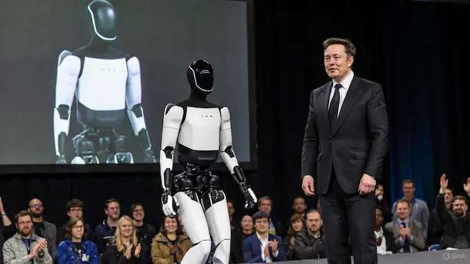: Tesla Optimus humanoid robot dancing next to Elon Musk at a 2025 shareholder event, in focus for Weekly Robotics News.