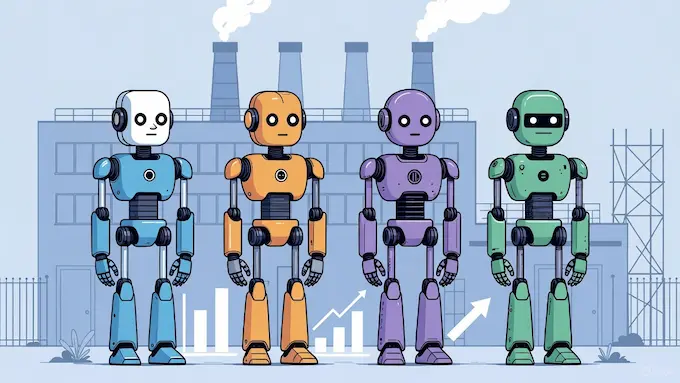Illustration of multiple humanoid robots competing for industrial jobs, representing the humanoid arms race in Weekly Robotics News