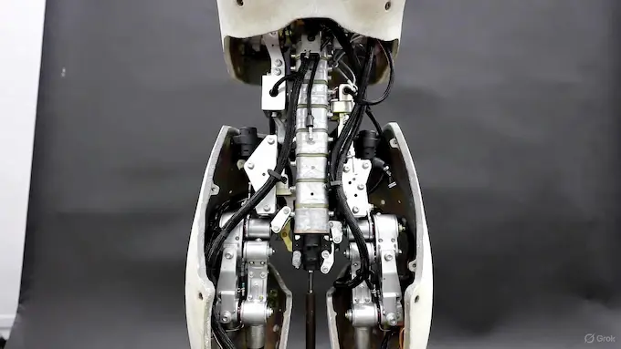 Close-up of XPeng Iron humanoid robot’s exposed actuators and wiring in a lab, for Weekly Robotics News.