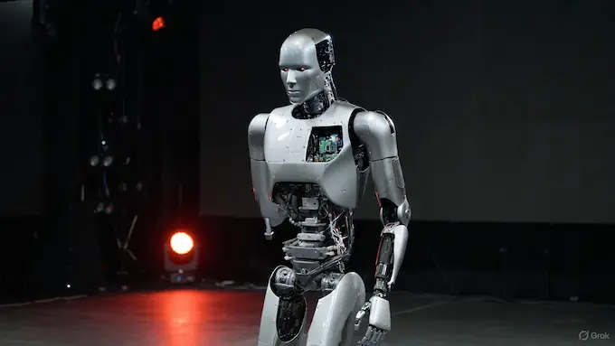 Weekly Robotics News — XPeng Iron humanoid walking on stage with exposed robotic arm.