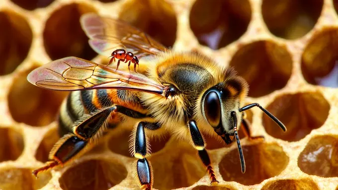 Close-up of a honeybee infested with a Varroa mite, illustrating a major threat to bee colonies.