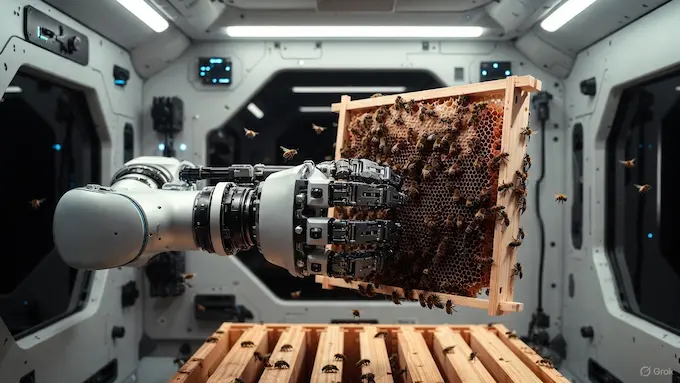 Inside the BeeHome, a robotic arm precisely manipulates a beehive frame, monitored by AI sensors.